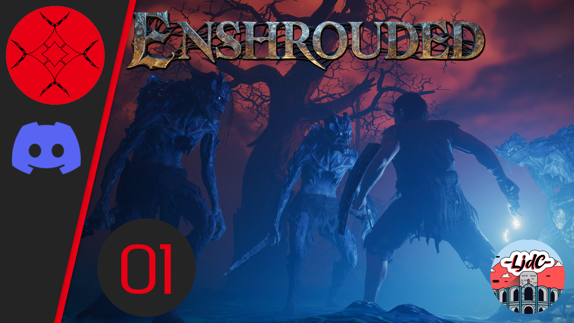 Vignette du let's play Enshrouded, Un personnage armée d'un bouclier et d'une épée se prépare à affronter 3 géants visiblement mort-vivants et purulents, illuminés par des torches.
