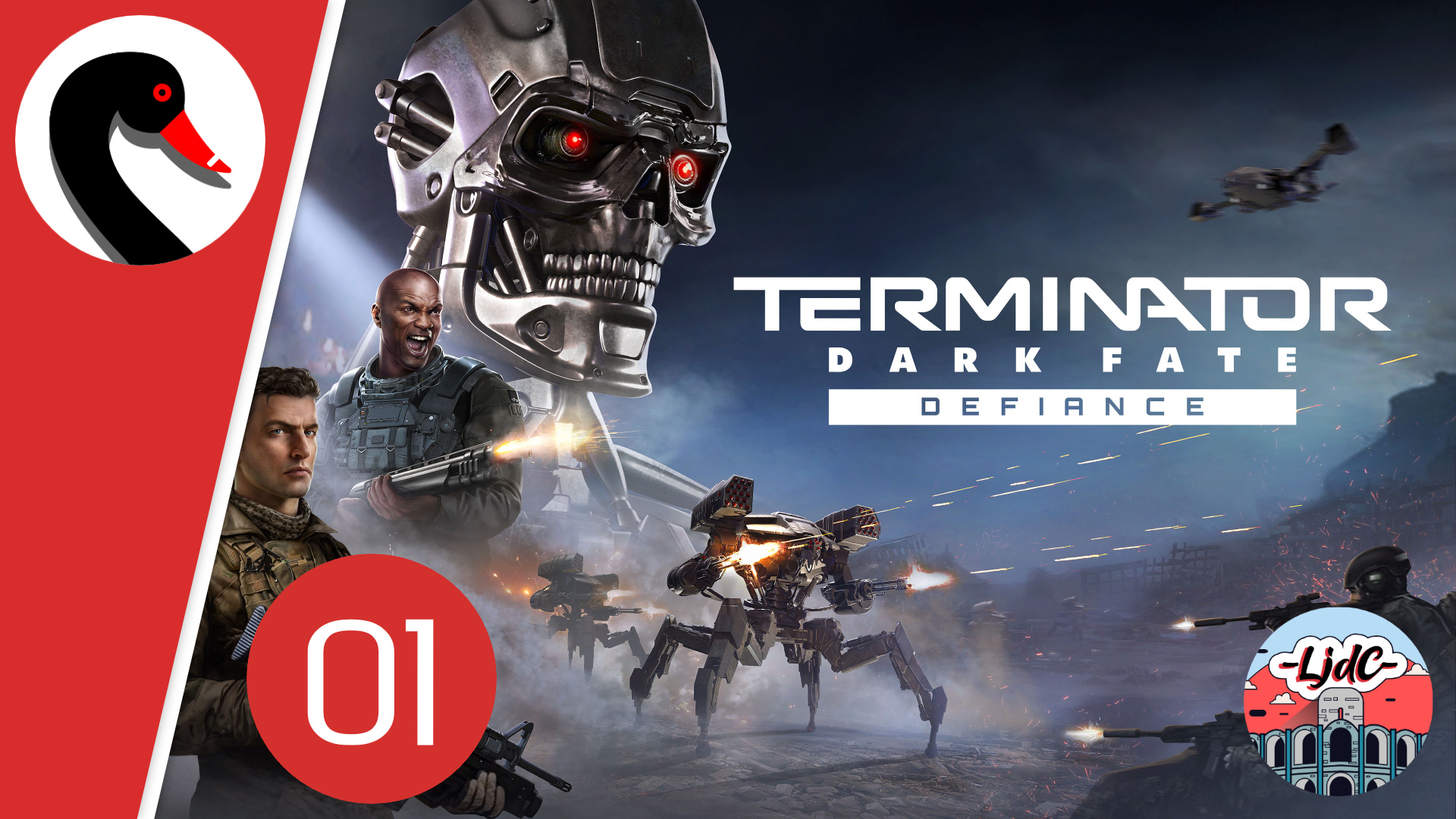 Vignette du let's play Terminator Darke Fate - Defiance, montrant plusieurs humains en train de combattre face aux robots de Legion, avec l'iconique face du Terminator metallique et dérangeant en gros plan.
